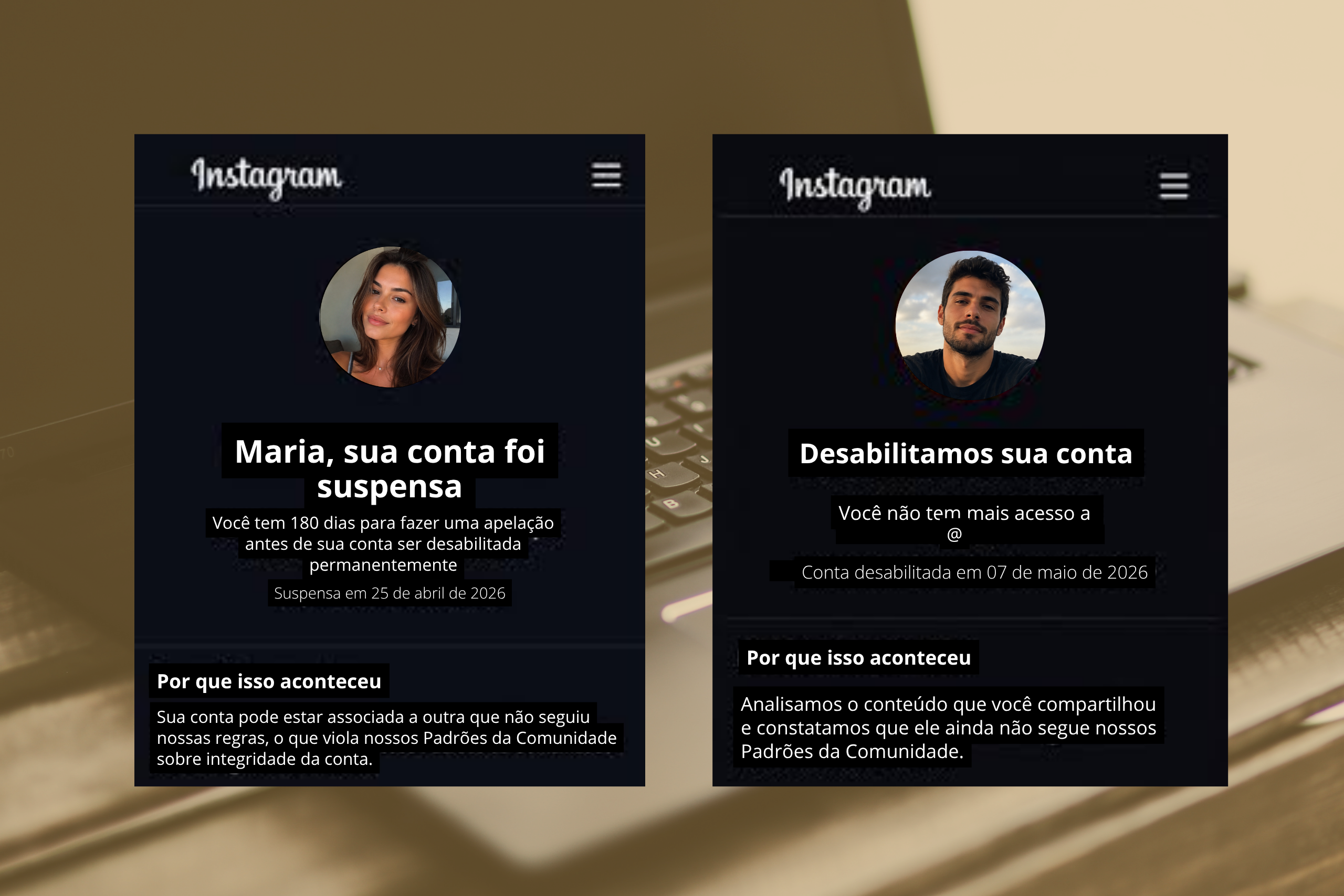 Tela de conta suspensa e desabilitada no Instagram representando perda de acesso a redes sociais e problemas com plataformas digitais.