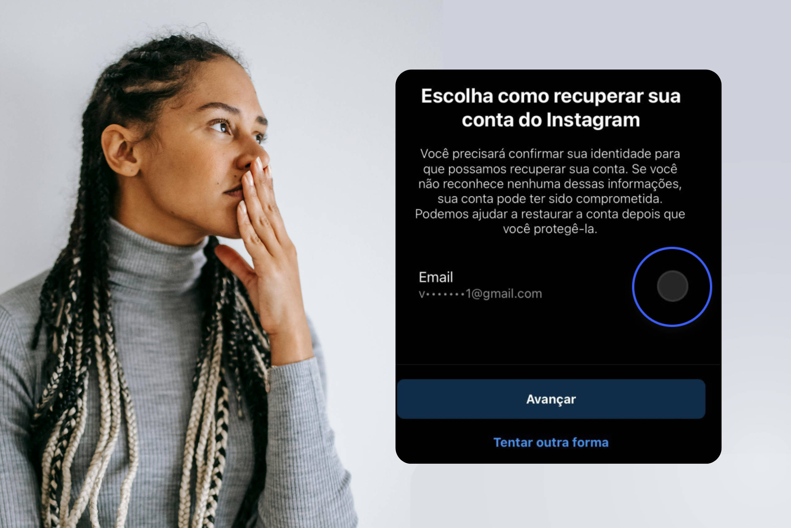 Pessoa preocupada tentando recuperar conta hackeada do Instagram após perda de acesso à rede social.