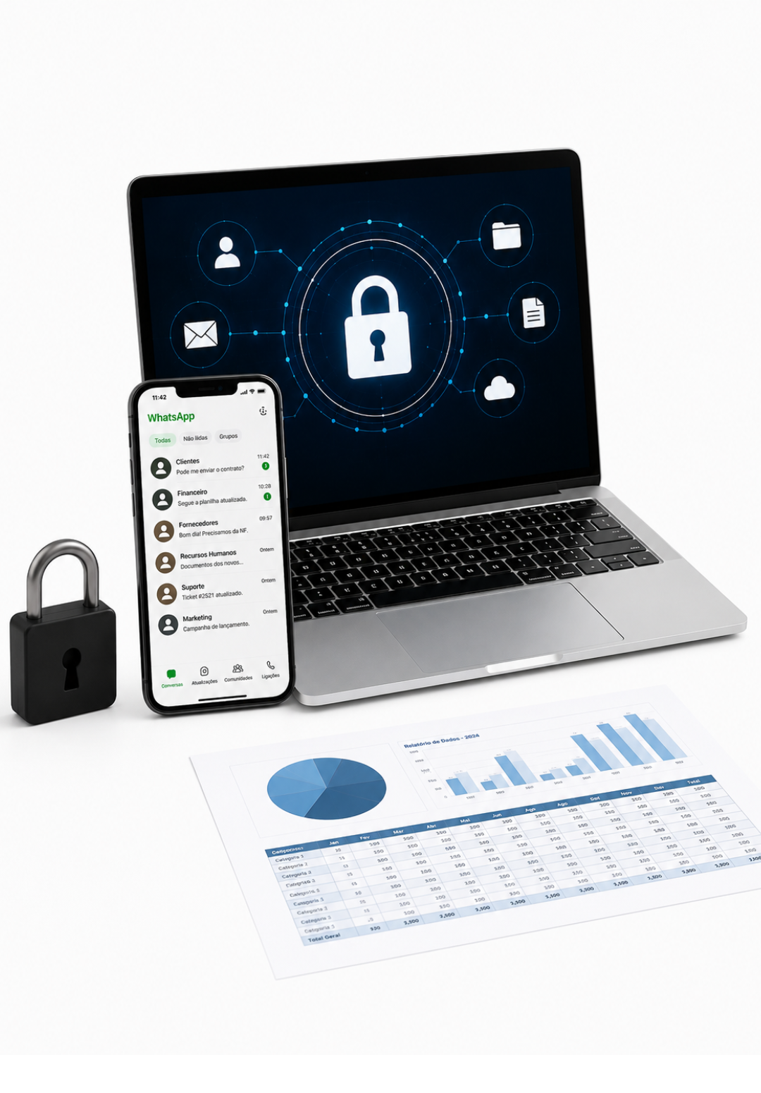 Imagem representando consultoria em LGPD para empresas, proteção de dados pessoais, segurança digital e organização de informações empresariais.
