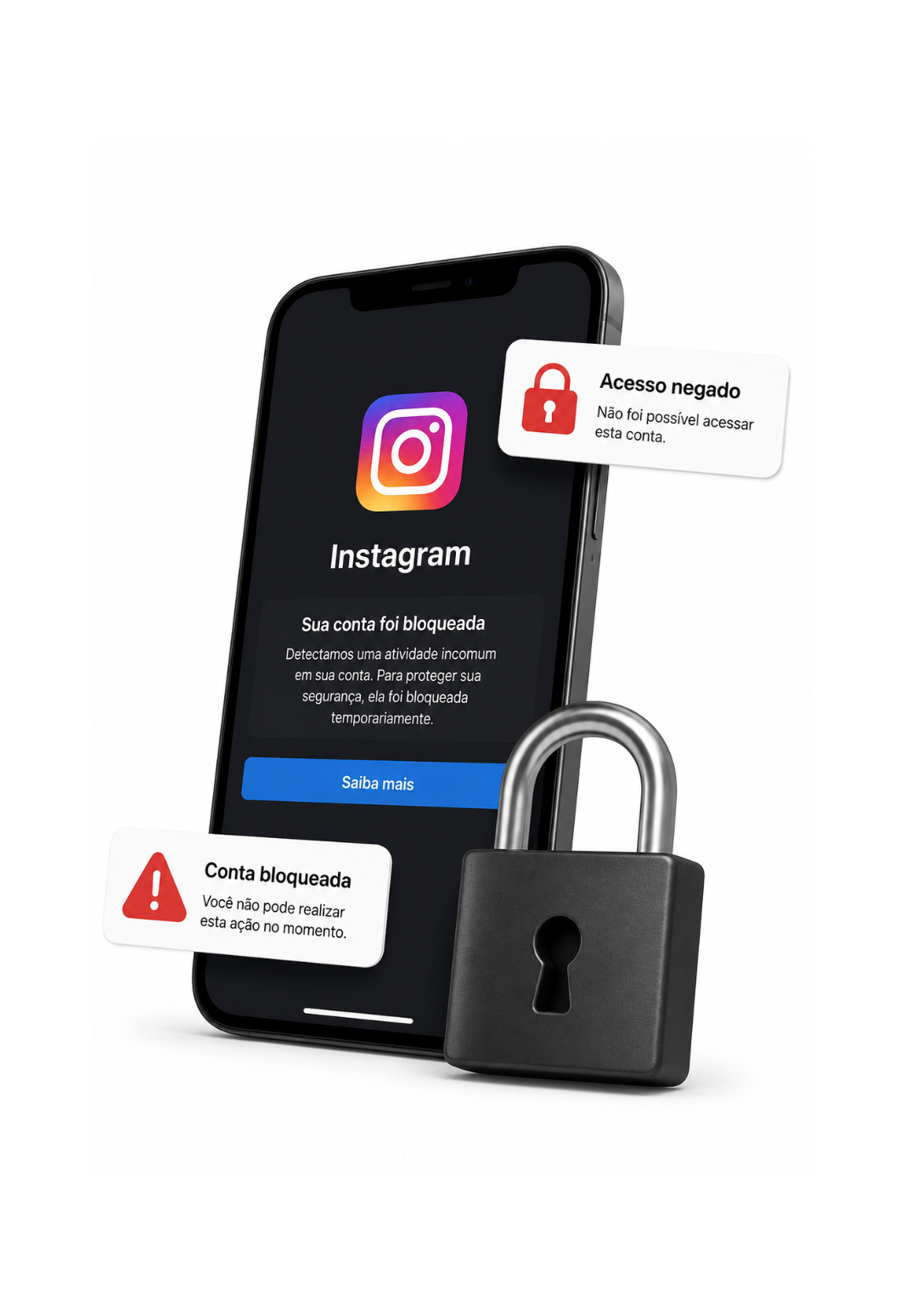 Imagem representando conta do Instagram hackeada ou bloqueada, com aviso de acesso negado, cadeado digital e mensagens de bloqueio de conta.