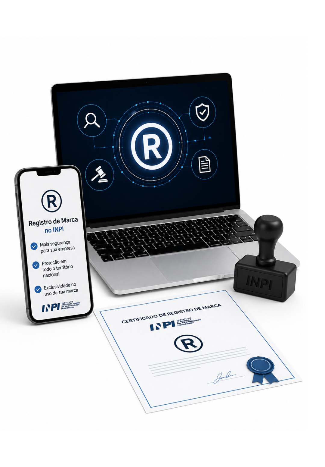 Ilustração sobre registro de marca no INPI e proteção da identidade da empresa no mercado.