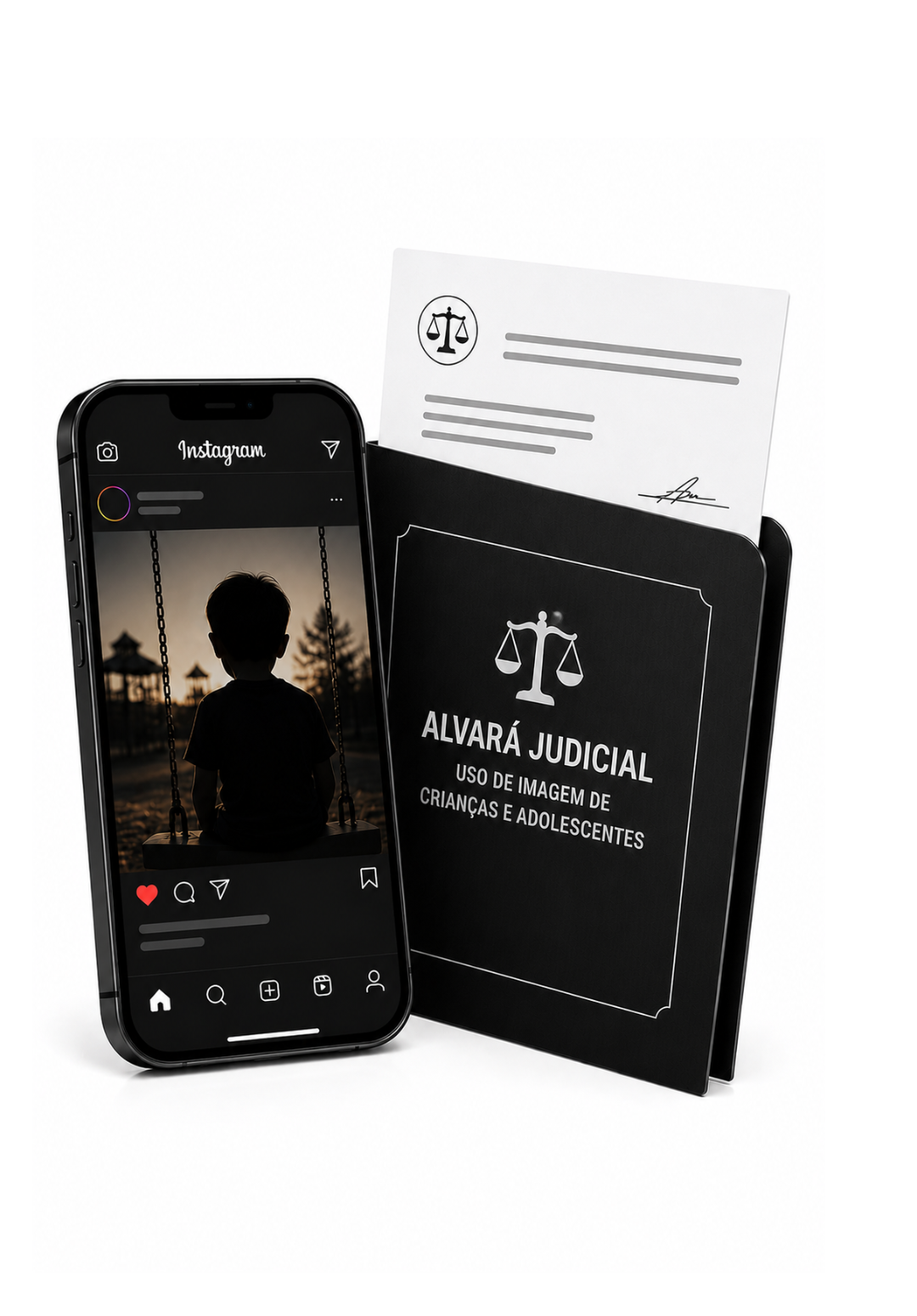Ilustração representando um alvará judicial para uso de imagem de crianças e adolescentes ao lado de um celular com publicação em rede social e fotografia da criança em silhueta para preservar sua identidade.