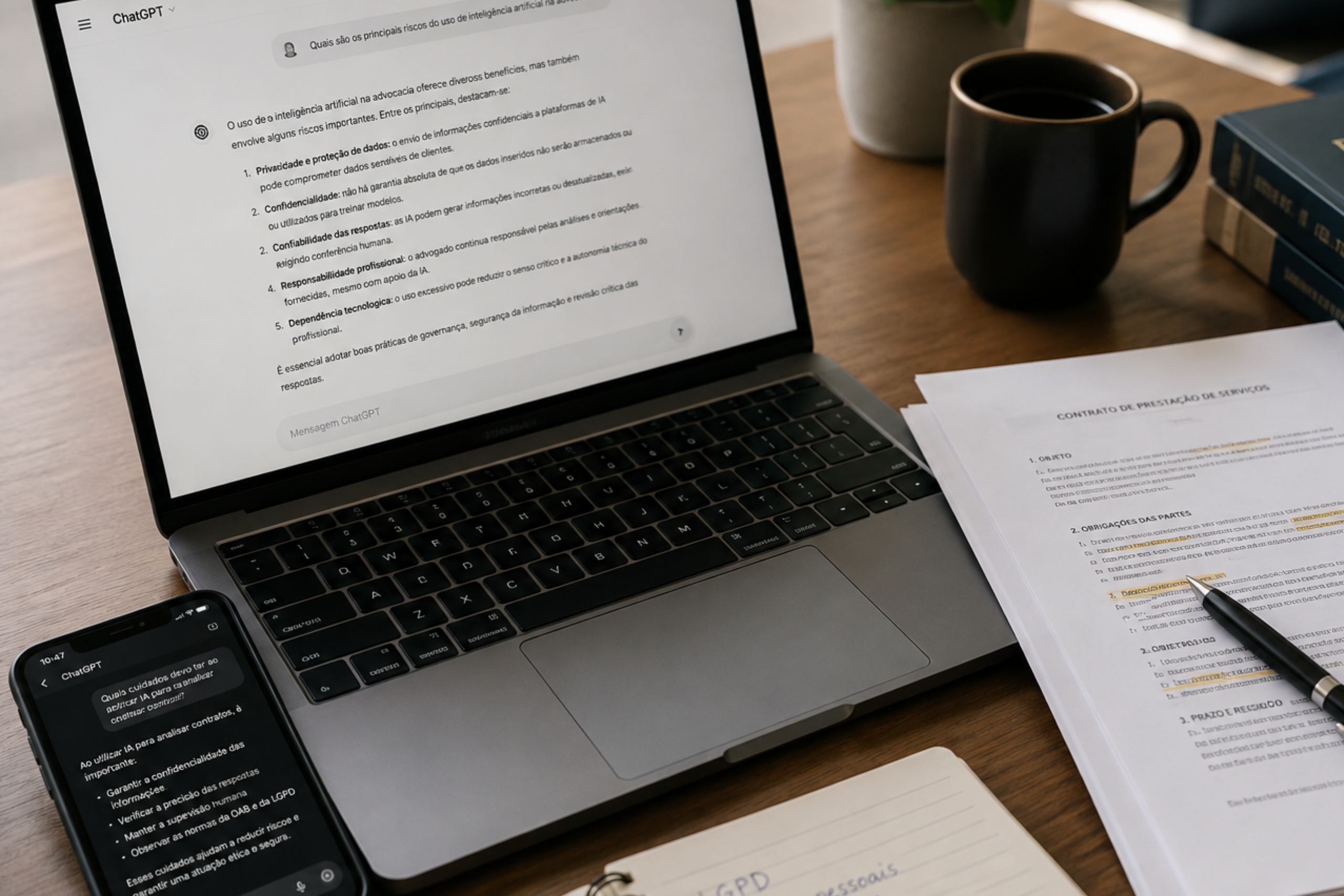 Uso da Inteligência Artificial na advocacia em atividade jurídica com análise de documentos.